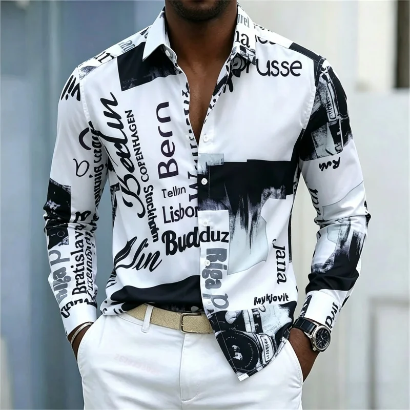 Mens Fashion Casual - เสื้อเชิ้ตแขนยาวพิมพ์ลายสำหรับผู้ชาย ทรงเข้ารูปมีปก เสื้อเชิ้ตลำลองสไตล์สตรีท