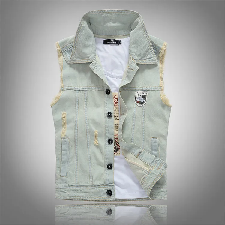 Men'S Fashion Vest With Jeans - Pop ฤดูใบไม้ผลิฤดูใบไม้ร่วงใหม่แฟชั่นผู้ชายล้าง Vintage Retro Blue Sleevless