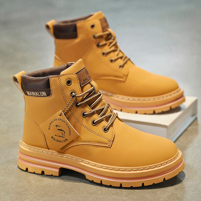 Men'S Fashion Footwear - รองเท้าบูทหุ้มข้อผู้ชายแบบคลาสสิก คุณภาพสูง หนังสีเหลือง รองเท้าผ้าใบแฟชั่นสำหรับกิจกรรมกลางแจ้ง รองเท้าผู้ชายแบบผูกเชือก กันลื่น