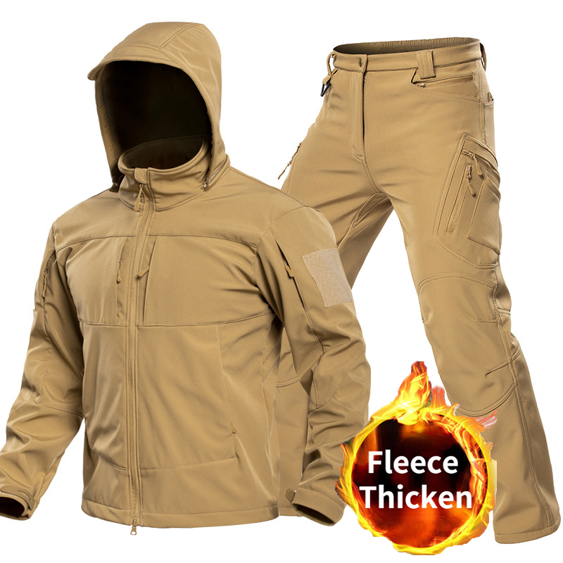 Mens Fashion Zip Up - ชุดเสื้อผ้าซอฟต์เชลล์สำหรับผู้ชายแบบยุทธวิธีกลางแจ้ง พร้อมฮู้ด แจ็คเก็ตซิปเต็มตัว กางเกงคาร์โก้ กันลม ชุดหลายกระเป๋าสำหรับการล่าสัตว์
