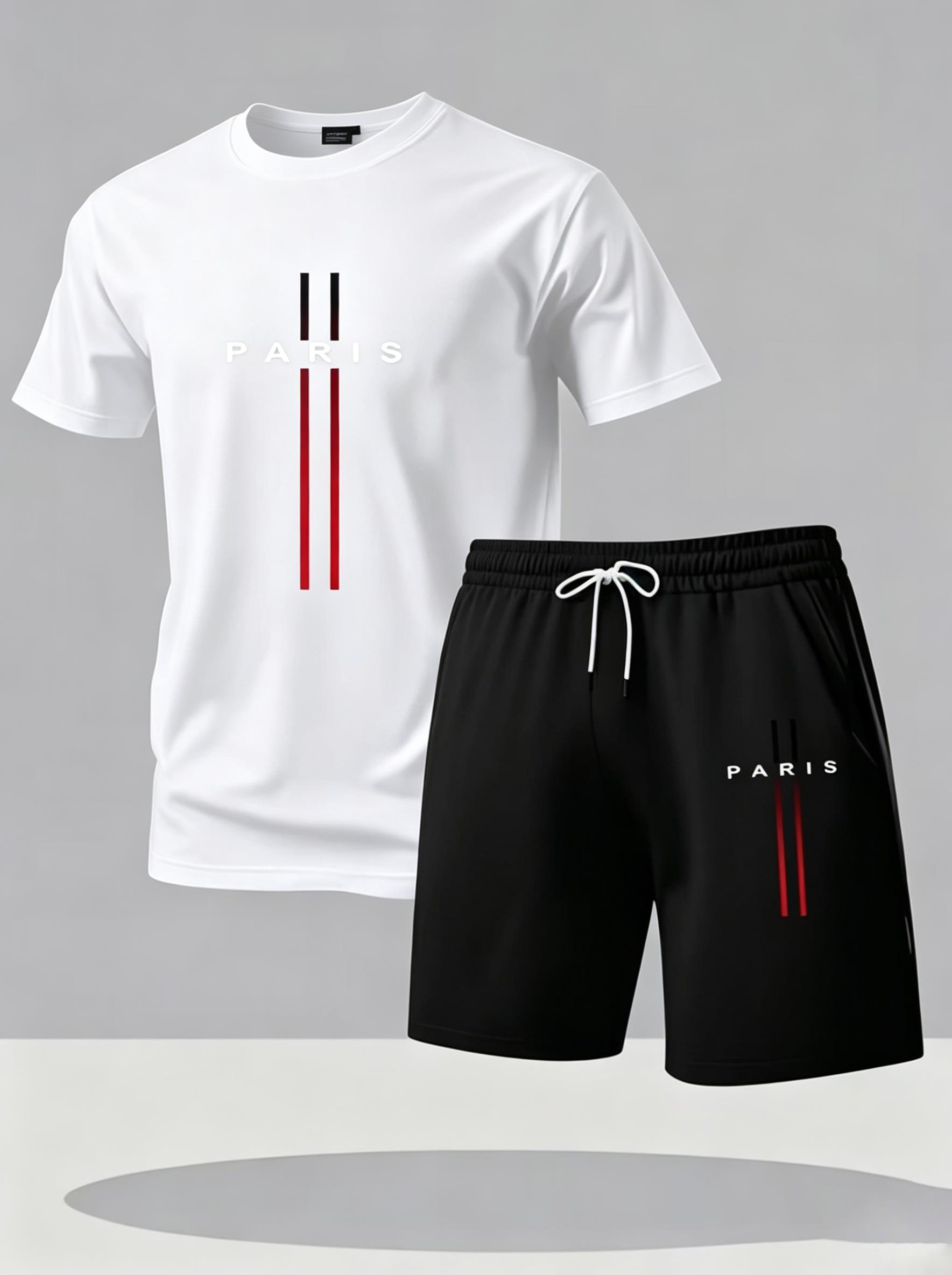 Paris Men'S Fashion - ชุดกีฬาผู้ชายแบบแห้งเร็ว 2 ชิ้น สไตล์มินิมอล PARIS สีแดงลายทางแนวตั้ง