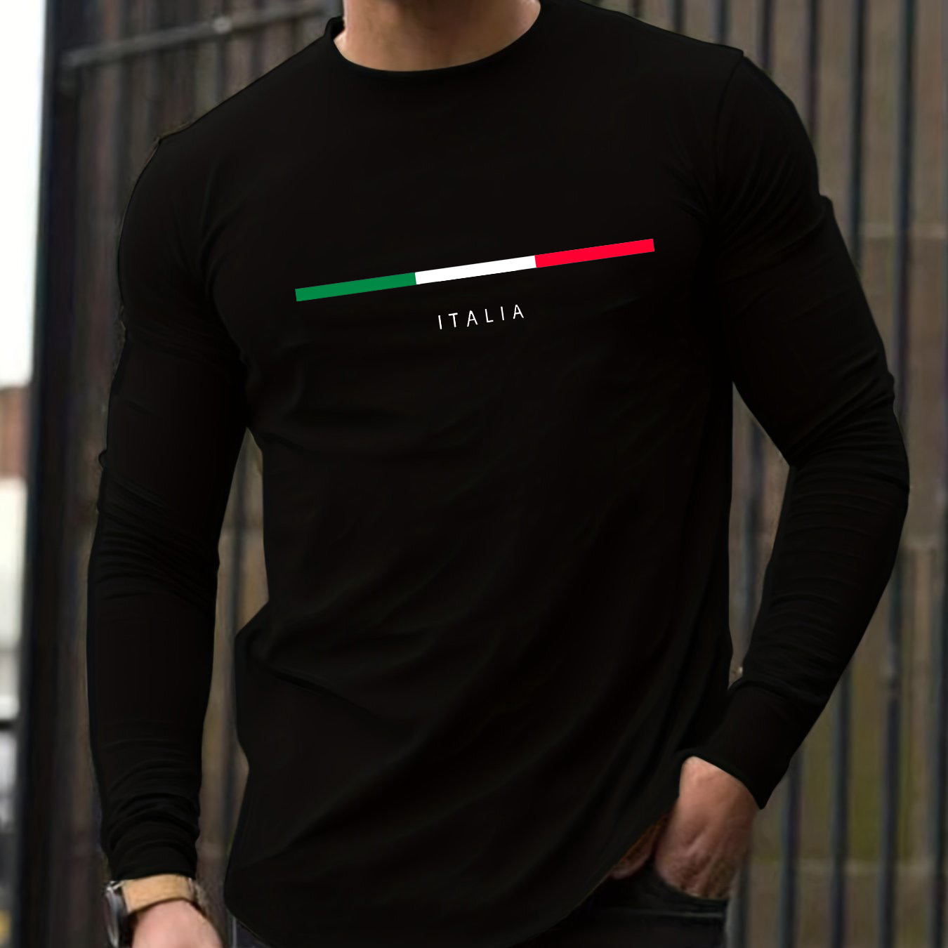 Mens Fashion Casual - เสื้อยืดผู้ชายแขนยาวคอกลมผ้าฝ้ายแท้ 100% ลายพิมพ์ ITALIA สไตล์ลำลองอเนกประสงค์สำหรับฤดูใบไม้ผลิและฤดูใบไม้ร่วง