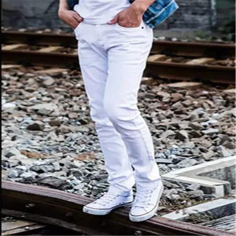 Men'S Fashion Vest With Jeans - กางเกงยีนส์ผ้าฝ้ายสีพื้นแฟชั่นฤดูร้อนสำหรับผู้ชาย สีแดง วัยรุ่น กางเกงขายาวผู้ชายทรงสกินนี่ กางเกงลำลองผู้ชาย กางเกงวอร์มผู้ชาย