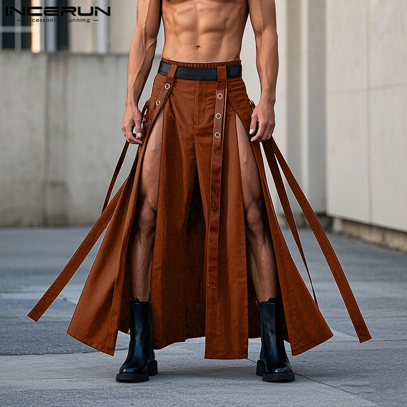 Men'S Fashion Pants 2025 - INCERUN เสื้อกันหนาวผู้ชายกระโปรงกางเกงเอวยางยืด OVERSIZE แยกไม่สม่ําเสมอกางเกงผู้ชายกระโปรง Streetwear 2025