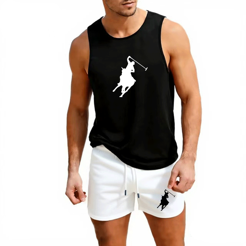 Mens Fashion Casual - ชุดเสื้อกั๊กและกางเกงขาสั้นฤดูร้อนสำหรับผู้ชายสไตล์ยุโรป ชุด 2 ชิ้น ชุดออกกำลังกายกลางแจ้ง ชุดกีฬาแฟชั่นลำลอง