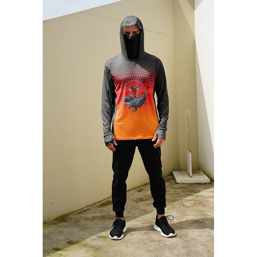 Mens Fashion Casual - เสื้อตกปลาผู้ชาย เสื้อฮู้ดกันแดดพร้อมหน้ากาก เสื้อผ้าตกปลาแบบครบชุด เสื้อยืดตกปลา UPF 50+