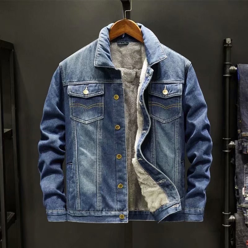 Sherpa Jacket Fleece - เสื้อแจ็คเก็ตยีนส์บุขนแกะสำหรับผู้ชาย เสื้อโค้ทกันหนาวหนา อุ่นสบาย สไตล์เกาหลี ทรงหลวม โอเวอร์ไซส์