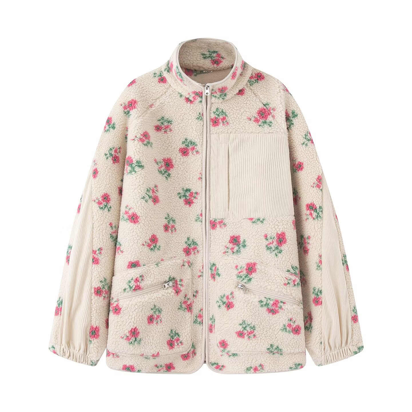 Sherpa Jacket Fleece - เสื้อแจ็คเก็ตแฟชั่นลายดอกไม้สำหรับผู้หญิง ฤดูใบไม้ร่วง ฤดูหนาว แบบใหม่ อุ่น คอสูงครึ่งตัว