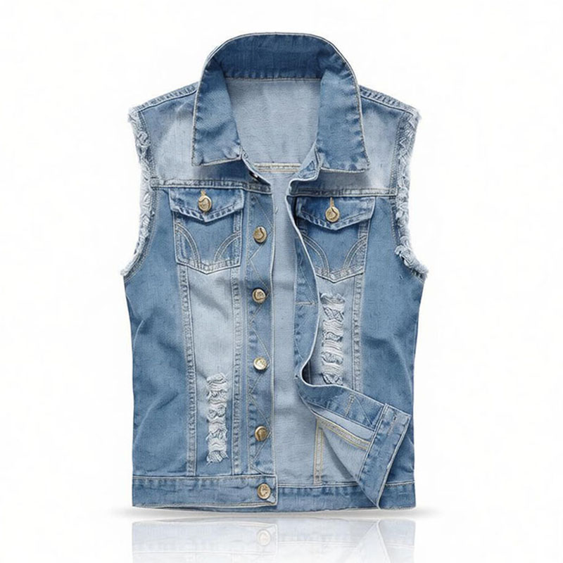Men'S Fashion Vest With Jeans - เสื้อกั๊กยีนส์สีฟ้าอ่อน/สีดำสำหรับผู้ชาย ไซส์พลัส แจ็คเก็ตยีนส์แขนกุดแบบขาดๆ แฟชั่นสตรีทแวร์ เสื้อกั๊กลำลอง
