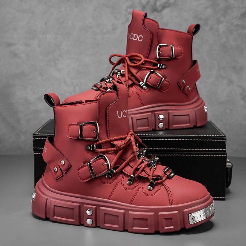 Men'S Fashion Footwear - รองเท้าบูทแบรนด์แท้สำหรับผู้ชาย สไตล์พังก์ พื้นหนา สีแดง แฟชั่นหรูหรา รองเท้าผู้ชาย