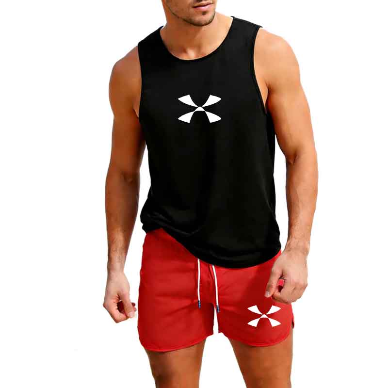 Mens Fashion Casual - ชุดกีฬาวิ่งออกกำลังกายกลางแจ้ง เสื้อกั๊ก+กางเกงขาสั้น 2 ชิ้น ชุดลำลองแฟชั่นฤดูร้อน ชุดเซ็ตชายหาดเล่นเซิร์ฟ