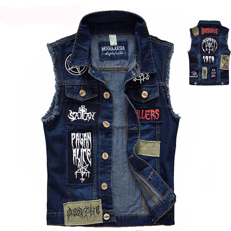 Men'S Fashion Vest With Jeans - คลาสสิกวินเทจกางเกงยีนส์เสื้อกั๊กเสื้อแขนกุดแฟชั่นการออกแบบ Patch Punk Rock สไตล์ Ripped