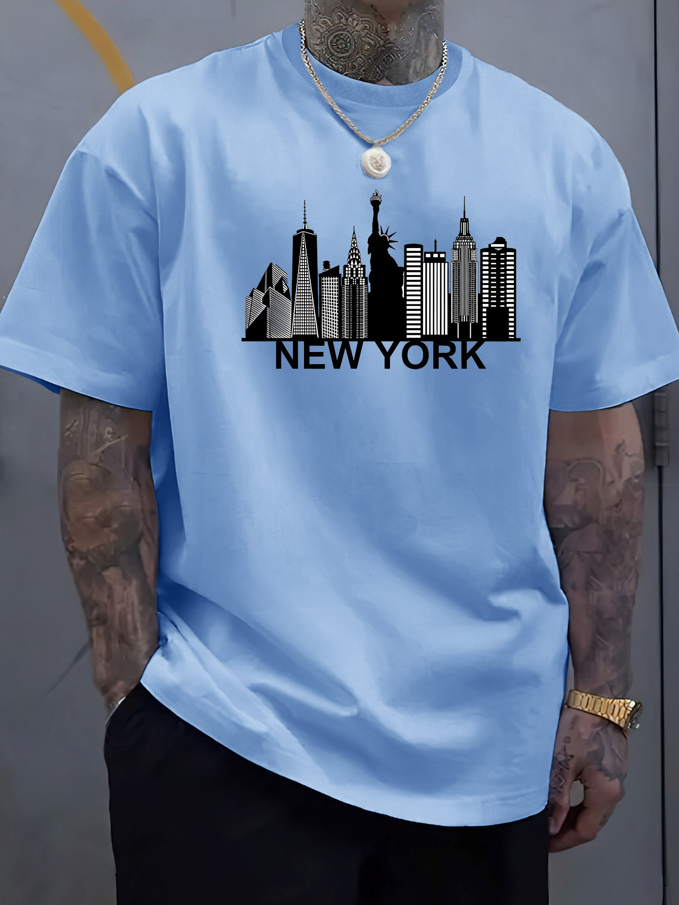 Men'S Fashion New York - เสื้อยืดคอกลมแขนสั้นลายพิมพ์นิวยอร์กซิตี้สำหรับผู้ชาย ผ้าฝ้าย แฟชั่นลำลอง สไตล์สปอร์ต ทรงหลวม