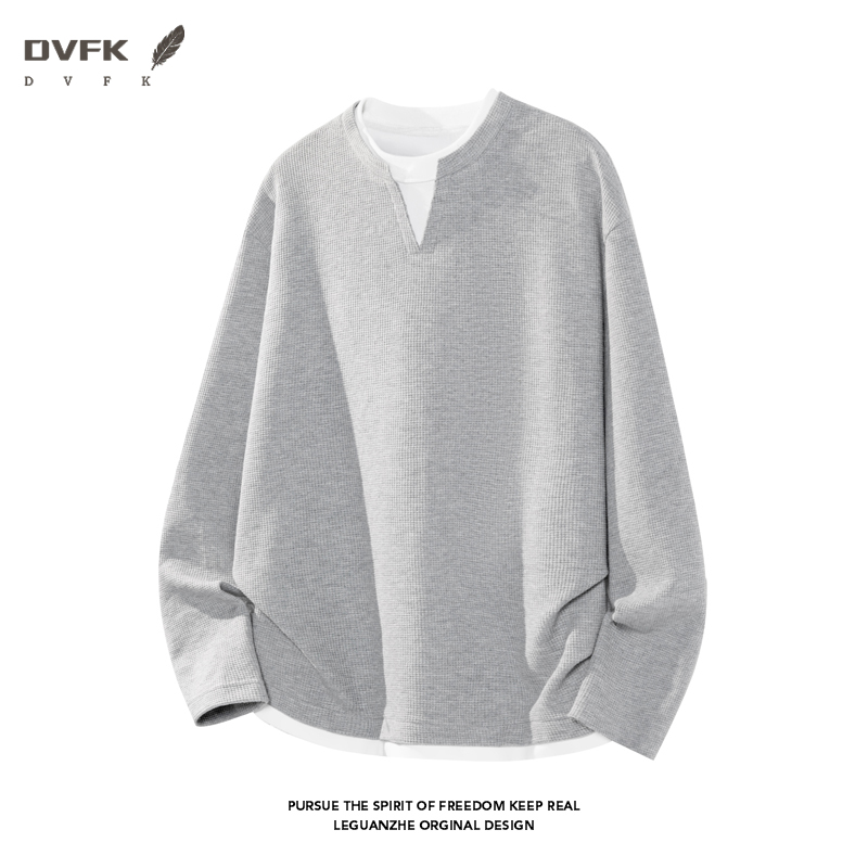 Mens Fashion Casual - เสื้อเชิ้ตแขนยาวผู้ชายแบบสองชิ้นปลอม คอวี ดีไซน์ลายวาฟเฟิล ทรงหลวม สไตล์ลำลองสำหรับใส่ในชีวิตประจำวัน