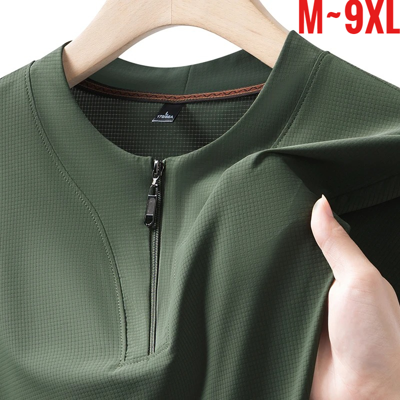 Mens Fashion Zip Up - เสื้อยืดเฮนลีย์ผ้าไอซ์ซิลค์ไซส์ใหญ่พิเศษ 9XL สำหรับผู้ชาย เสื้อยืดครึ่งซิป แขนสั้น ใส่สบาย