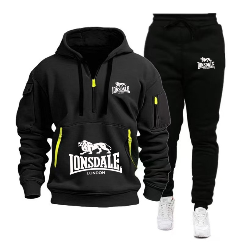 Mens Fashion Zip Up - LONSDALE ชุดเสื้อมีฮู้ดกระเป๋าจิงโจ้สำหรับผู้ชาย 2026 ใหม่ฤดูใบไม้ร่วงฤดูหนาวเสื้อสเวตเตอร์ผ้าฟลีซ+ กางเกงกีฬา 2