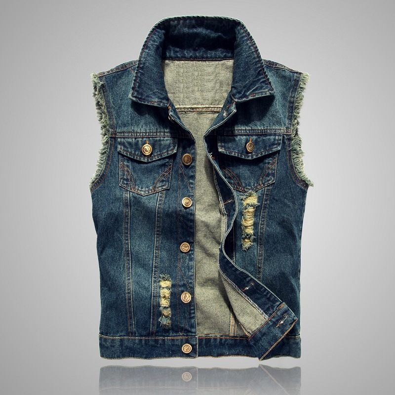 Men'S Fashion Vest With Jeans - เสื้อกั๊กยีนส์ขาดๆ แฟชั่นใหม่สำหรับผู้ชาย เสื้อแจ็คเก็ตแขนกุด สีฟ้าอ่อน เสื้อกั๊กยีนส์ผู้ชาย ผ้าฝ้าย