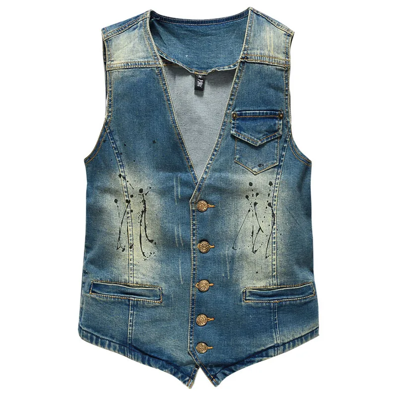Men'S Fashion Vest With Jeans - LIBIELIY ฤดูใบไม้ผลิฤดูใบไม้ร่วงใหม่แฟชั่นผู้ชาย V-nevk Splashed Ink Vintage