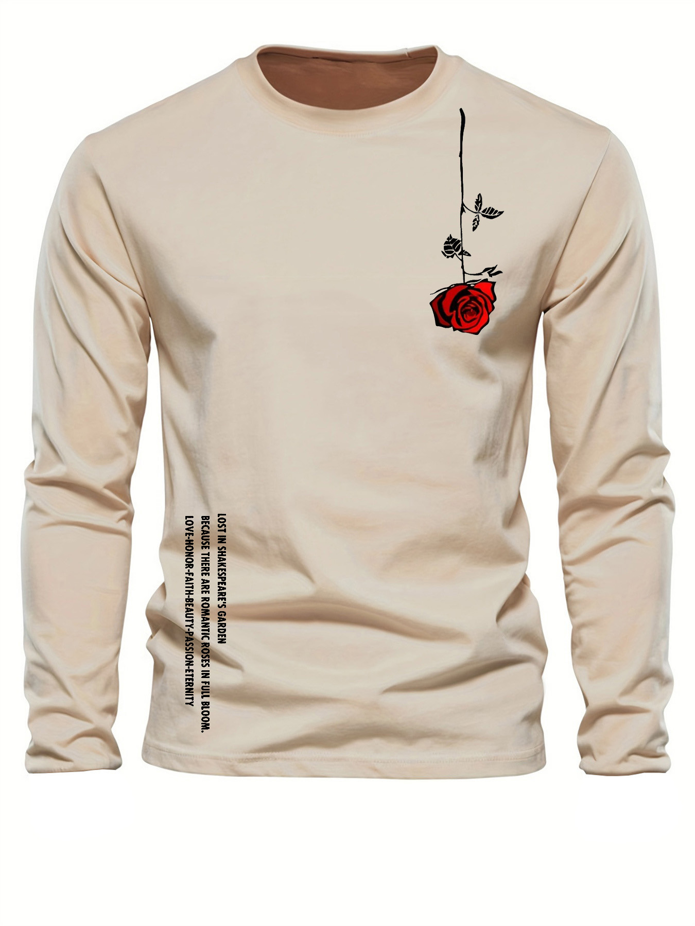Mens Fashion Casual - เสื้อยืดคอกลมแขนยาวผู้ชายผ้าฝ้ายแท้ 100% ทรงหลวมสบายพิมพ์ลายตัวอักษรสีชมพู สไตล์ลำลอง ใส่ได้ทุกโอกาส ฤดูใบไม้ผลิและฤดูใบไม้ร่วง