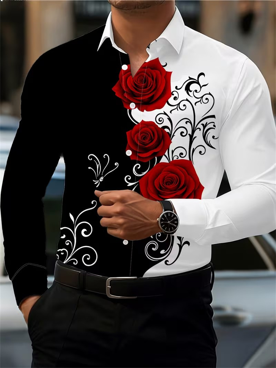 Mens Fashion Casual - เสื้อเชิ้ตแขนยาวพิมพ์ลายดอกกุหลาบสีแดงสำหรับผู้ชาย ทันสมัยและลำลอง