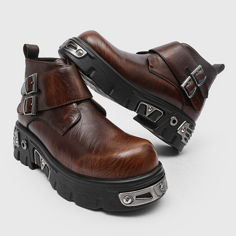 Men'S Fashion Footwear - รองเท้าบูทแฟชั่นพังก์กอธทรงสูงสำหรับผู้ชายไซส์ใหญ่ สีเงิน สีน้ำตาล รองเท้าดีไซน์เนอร์ รองเท้าบูทคาวบอยแบบส้นตึก หัวเข็มขัดคู่