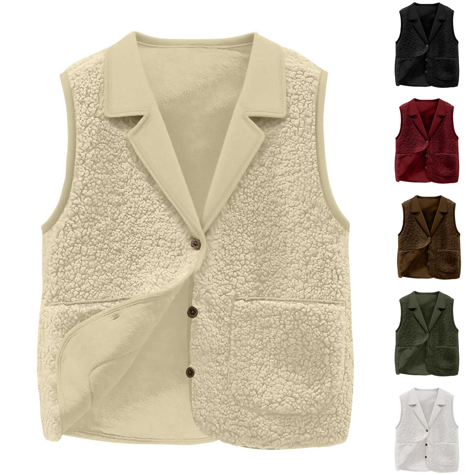 Sherpa Jacket Fleece - เสื้อกั๊กขนแกะเชอร์ปาสำหรับผู้หญิง ปกเสื้อแบบปกเชิ้ต ติดกระดุมด้านหน้า มีกระเป๋า เสื้อแจ็คเก็ตแขนกุดแบบลำลอง อุ่นสบาย