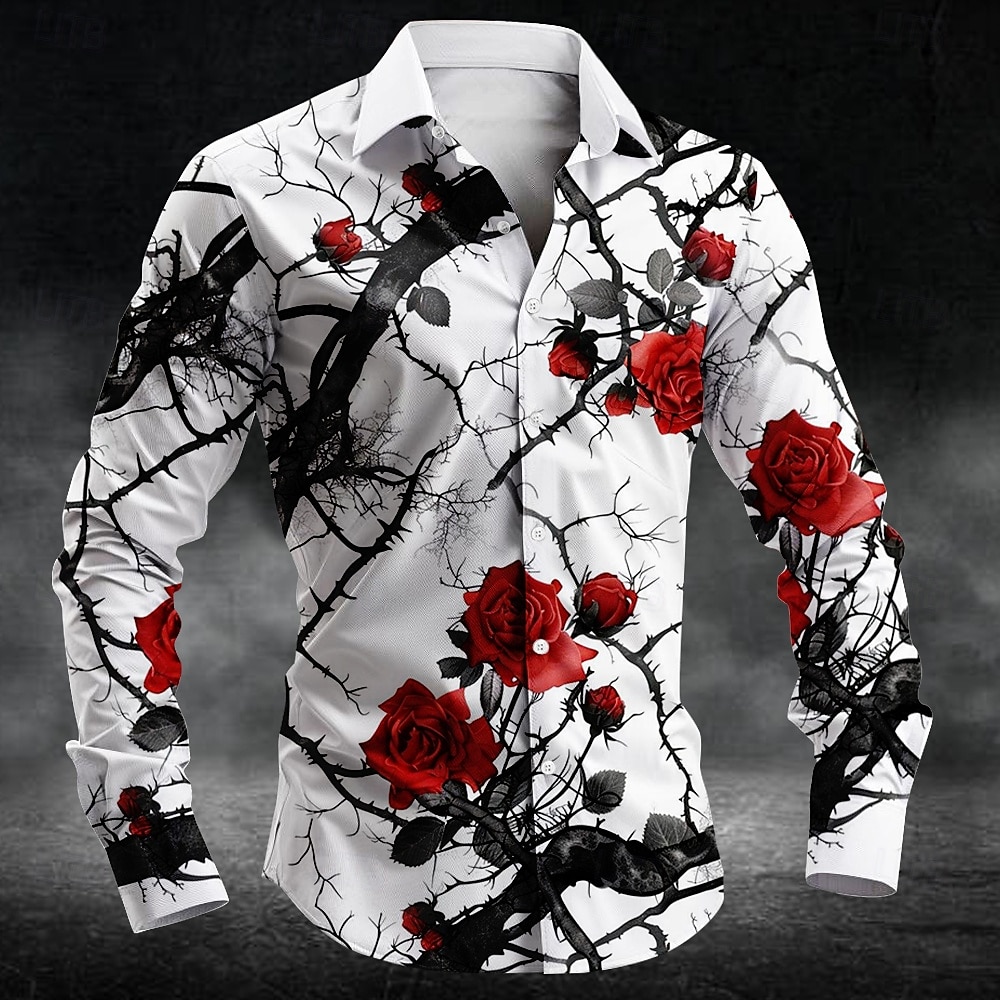 Mens Fashion Casual - เสื้อเชิ้ตลายดอกพลัมแฟชั่น พิมพ์ลาย 3 มิติ แขนยาวสำหรับผู้ชาย เสื้อเชิ้ตศิลปะ