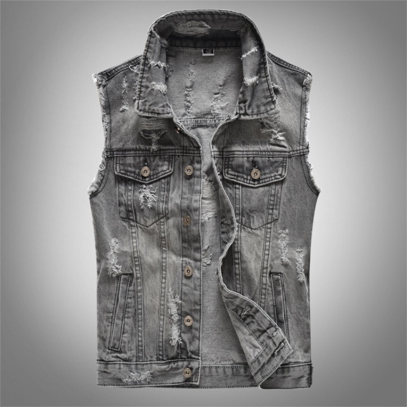 Men'S Fashion Vest With Jeans - เสื้อกั๊กยีนส์สีเทาสไตล์เรโทรสำหรับผู้ชาย แฟชั่นใหม่ เสื้อกั๊กยีนส์ทรงเข้ารูป ผ้าฝ้าย ทันสมัย