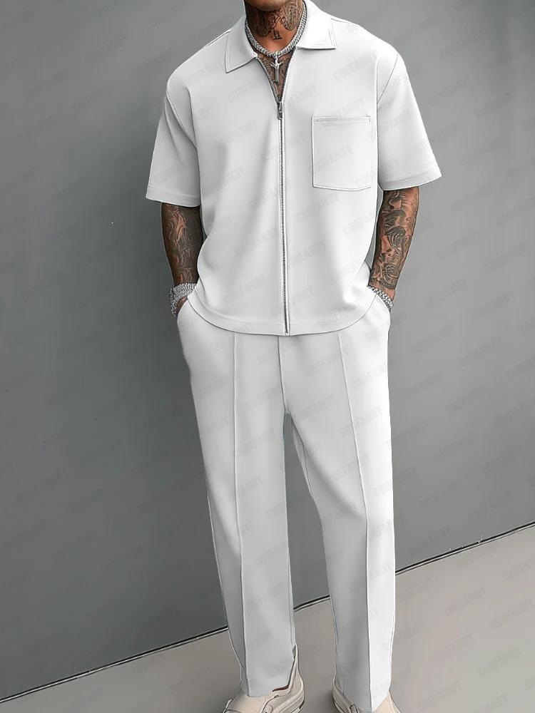 Mens Fashion Zip Up - ชุดเซ็ต 2 ชิ้นสำหรับผู้ชาย เสื้อโปโลแขนสั้นคอซิปครึ่งตัว กางเกงขายาวทรงตรง ชุดลำลองสีพื้น