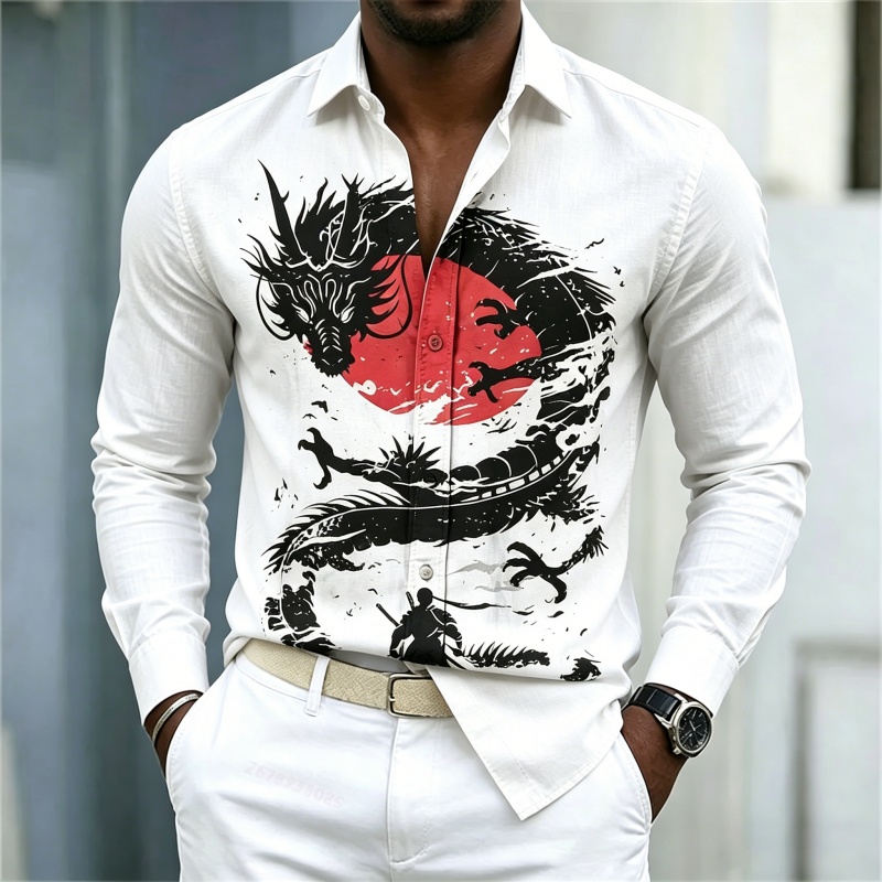 เสื้อเชิ้ตผู้ชายลายมังกรสีขาวด - Mens Fashion Casual บทวิจารณ์และราคา