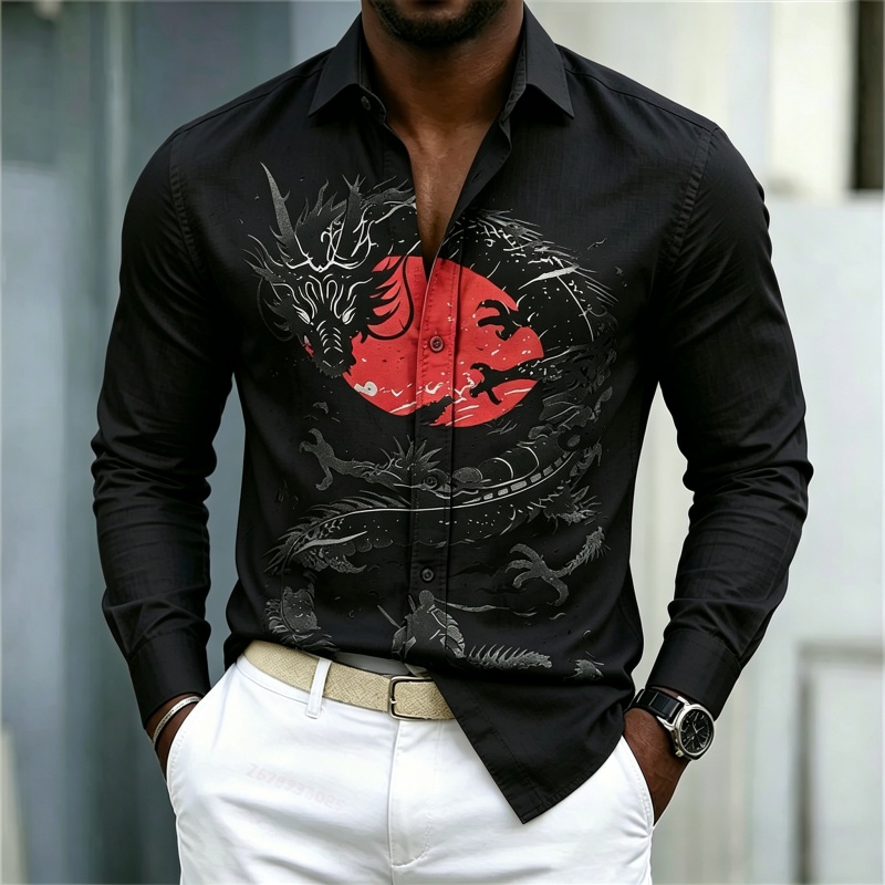 เสื้อเชิ้ตผู้ชายลายมังกรสีขาวด - Mens Fashion Casual บทวิจารณ์และราคา