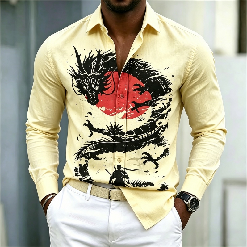 เสื้อเชิ้ตผู้ชายลายมังกรสีขาวด - Mens Fashion Casual บทวิจารณ์และราคา
