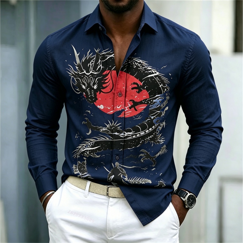 เสื้อเชิ้ตผู้ชายลายมังกรสีขาวด - Mens Fashion Casual บทวิจารณ์และราคา