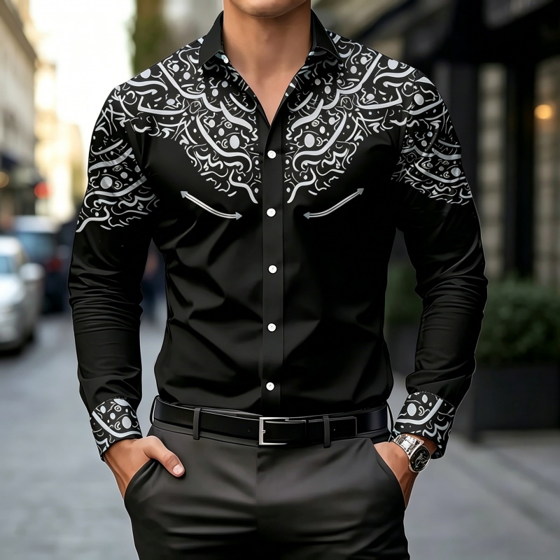 เสื้อเชิ้ตพิมพ์ลายขาวดำ ทรงเข้ - Mens Fashion Casual บทวิจารณ์และราคา