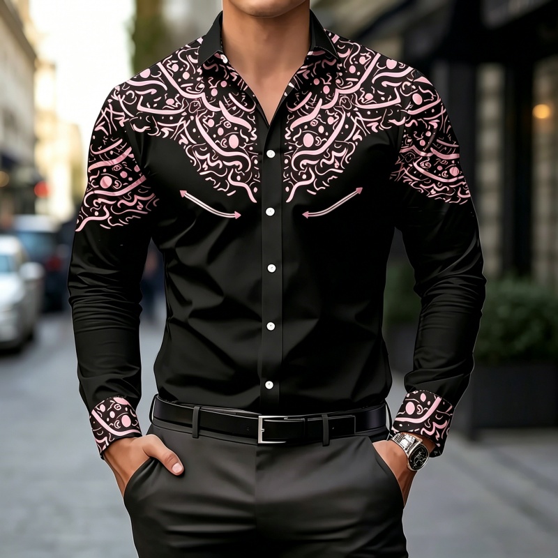 เสื้อเชิ้ตพิมพ์ลายขาวดำ ทรงเข้ - Mens Fashion Casual บทวิจารณ์และราคา