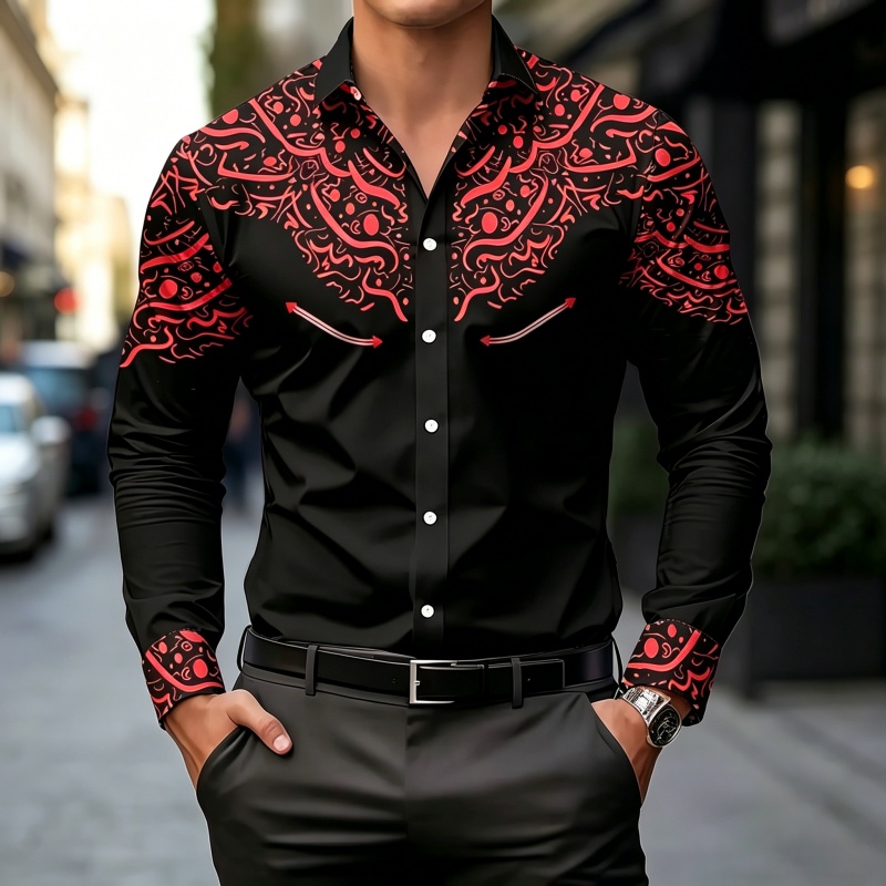 เสื้อเชิ้ตพิมพ์ลายขาวดำ ทรงเข้ - Mens Fashion Casual บทวิจารณ์และราคา
