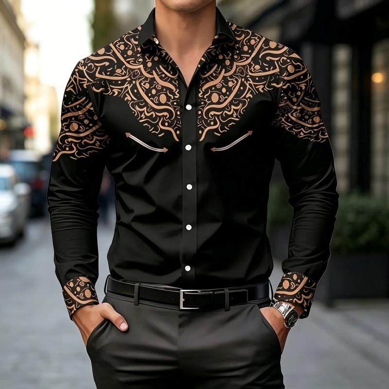 เสื้อเชิ้ตพิมพ์ลายขาวดำ ทรงเข้ - Mens Fashion Casual บทวิจารณ์และราคา