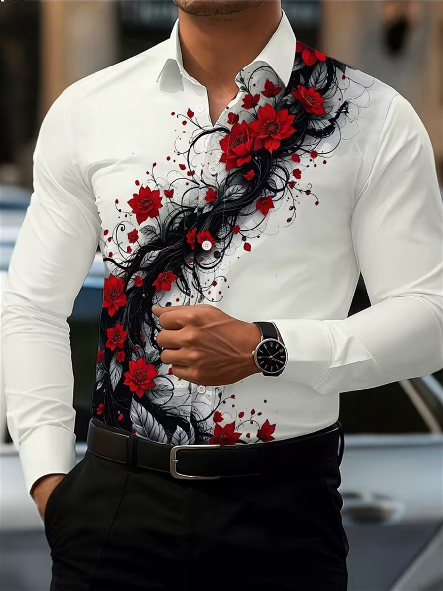 เสื้อเชิ้ตแขนยาวพิมพ์ลายดอกกุห - Mens Fashion Casual บทวิจารณ์และราคา